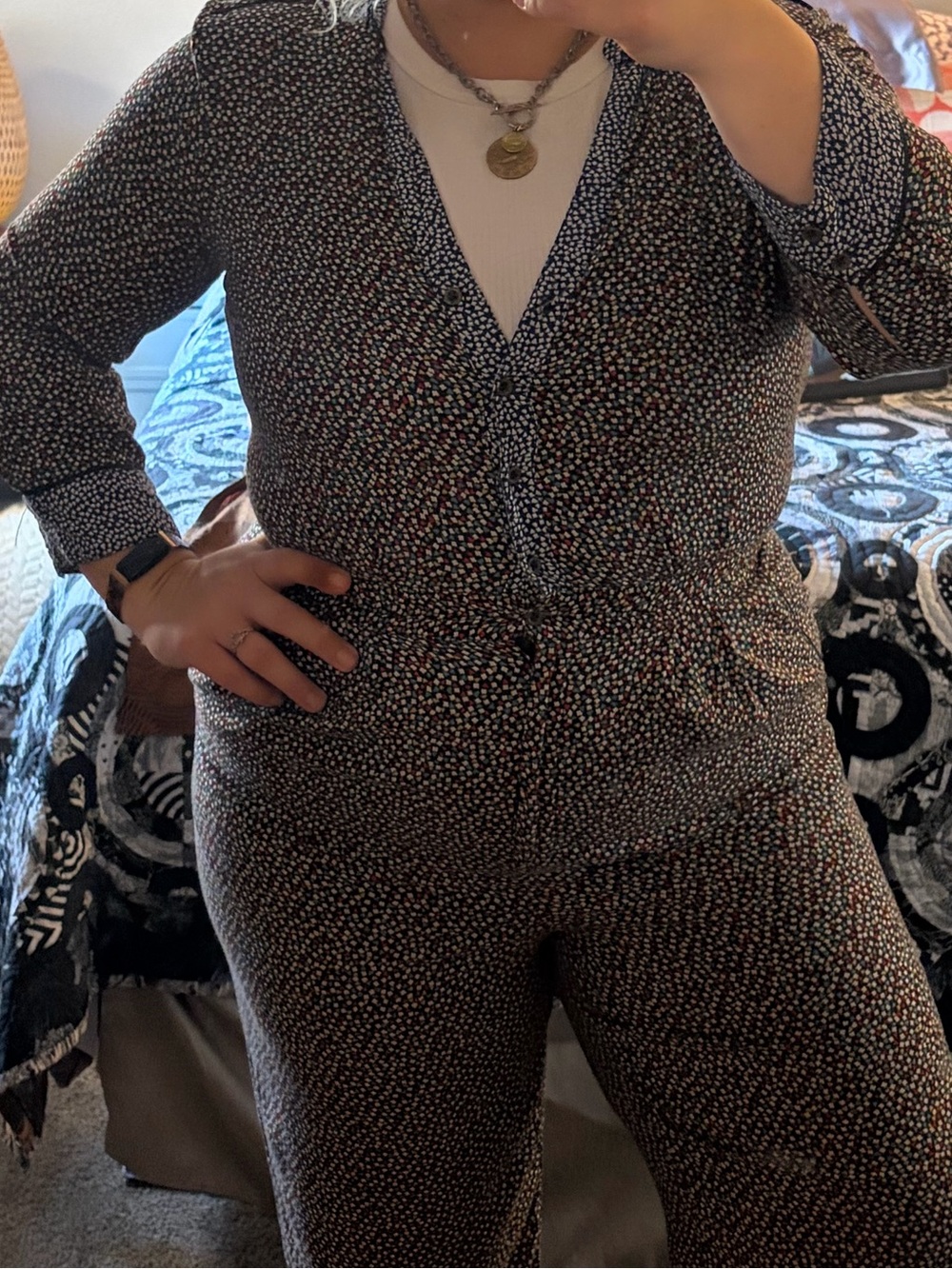 ett:twa by Anthropologie Geometric Print Wide Leg Jumpsuit Size 14 Boho Pockets